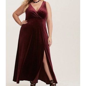 Torrid Sz 14/16 Velvet V-Neck Sleeveless Slit Maxi Dress Merlot